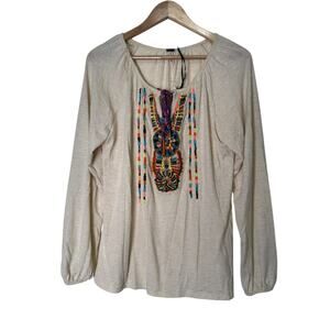 Proof Womens Size Large Beaded Embroidery Tassle Long Sleeve Boho Cream NEW